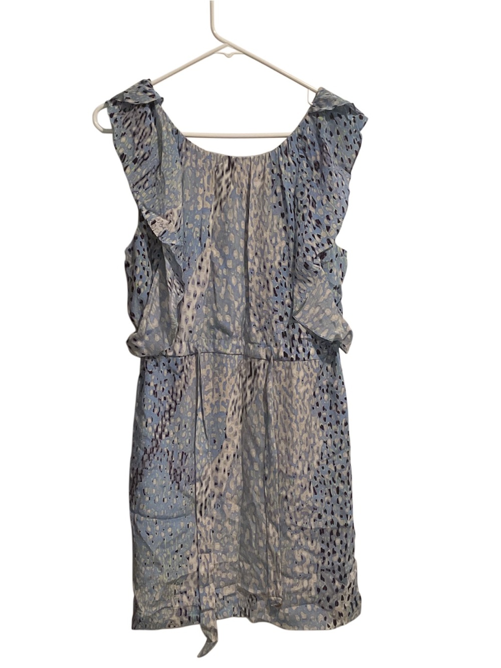 Leifsdottir Anthro Mini Silk Dress Ruffle Sleeveless Blue Animal Print
